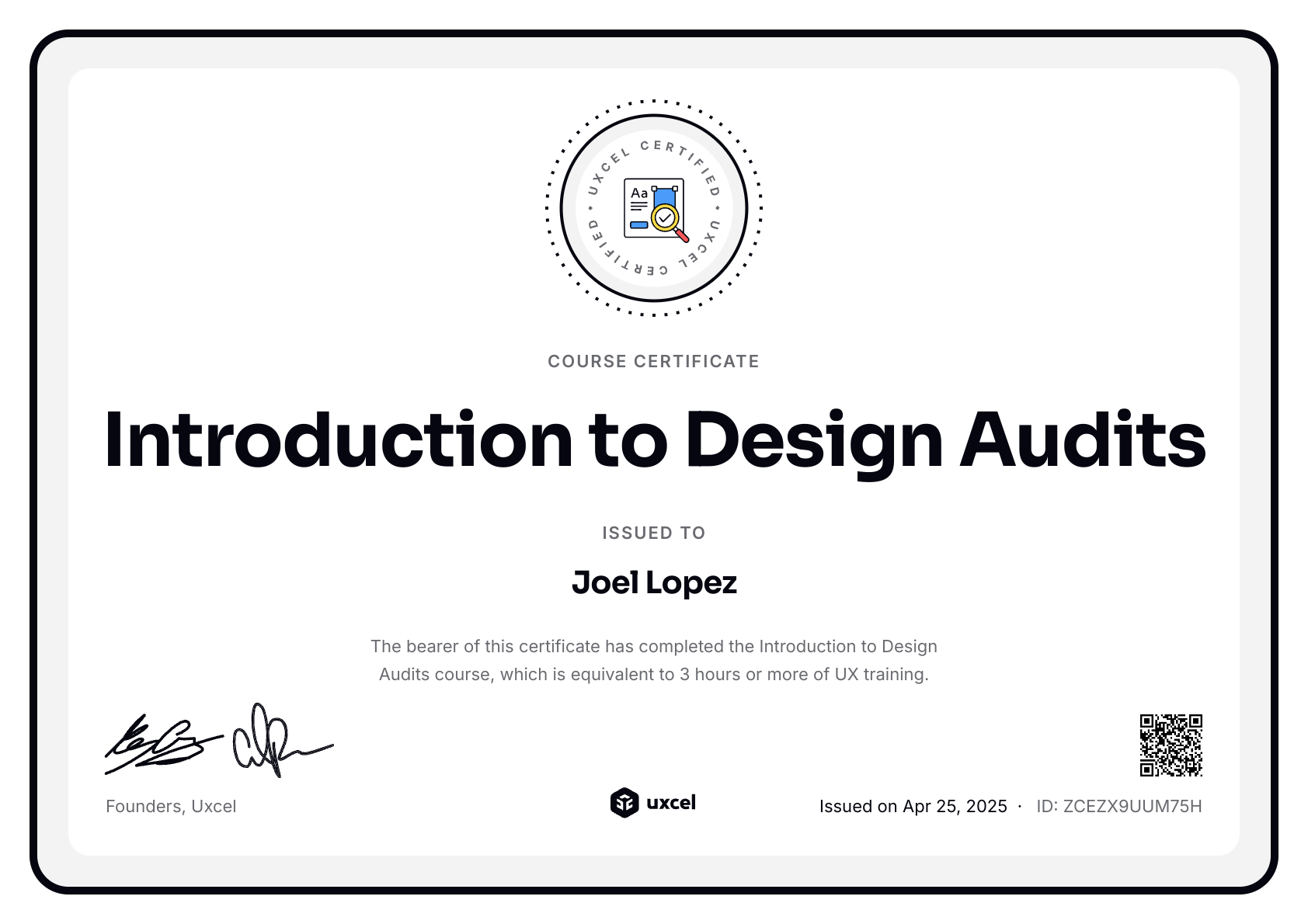 Joel Lopez's certificate